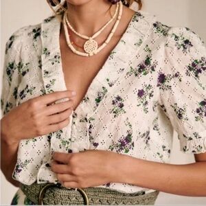 Sezane Andie Floral Eyelet Short Sleeve Blouse size 2/34